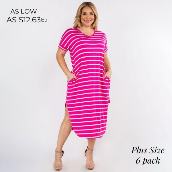 Plus Size Soft, Stretchy Knit Fabric Striped Dress Featuring a Rounded Hem, Short Sleeves, and Two Pockets on Each Hip. (6 Pack) - V Neckline - Flowy Shift Silhouette - Midi Length Plus Size Soft, Stretchy Knit Fabric Striped Dress Featuring a Rounded Hem, Short Sleeves, and Two Pockets on Each Hip. (6 Pack) - V Neckline - Flowy Shift Silhouette - Midi Length