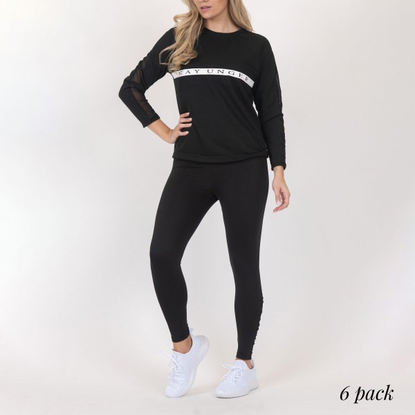 Kay Unger Branded Athleisure Long Sleeve Top Featuring Mesh Details. (6 Pack)

- Features Mesh Panels that Run Along Sleeves
- 95% Polyester, 5% Spandex 
- Spandex Compression Design
- Breathable Fabric
- Moisture Wicking
- 6 Shirts Per Pack 
- Sizes: 1-S, 2-M, 2-L, 1-XL