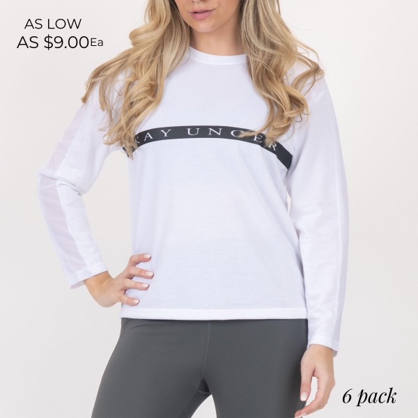 Kay Unger Branded Athleisure Long Sleeve Top Featuring Mesh Details. (6 Pack)

- Features Mesh Panels that Run Along Sleeves
- 95% Polyester, 5% Spandex 
- Spandex Compression Design
- Breathable Fabric
- Moisture Wicking
- 6 Shirts Per Pack 
- Sizes: 1-S, 2-M, 2-L, 1-XL