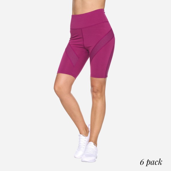 Women's Active High Rise Biker Shorts with Mesh Detail. (6 Pack)

- Spandex Compression Fit
- Breathable Moisture Wicking Fabric
- Shorts are 9" Long
- Featuring High Waist Design 
- 6 Pairs of Shorts Per Pack
- Sizes: 1-S, 2-M, 2-L, 1-XL