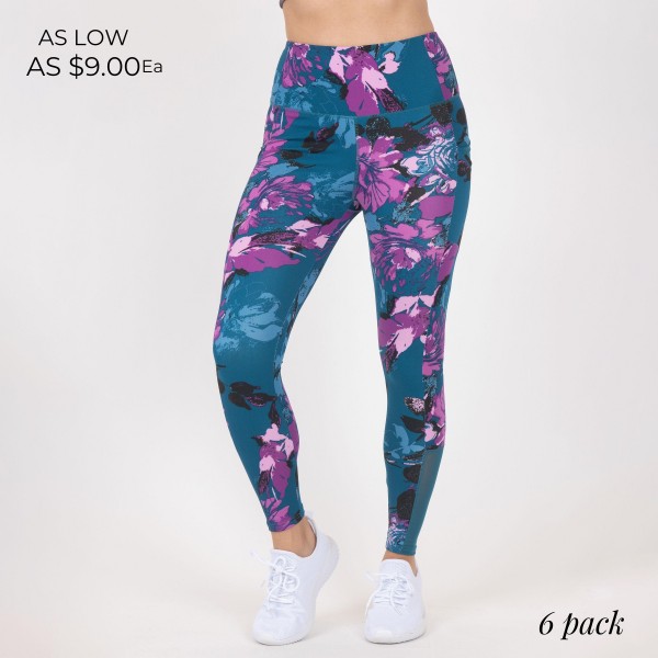 Wholesale floral Print Women s Athletic Leggings Pack Waist Side Pockets Spandex