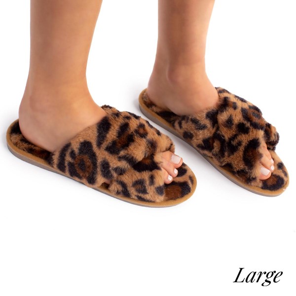 Wholesale faux fur leopard print criss cross slippers Women s US Rubber Sole