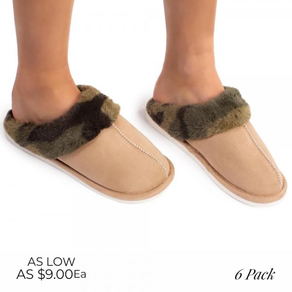 Faux Suede Slippers with Camo Print Faux Fur Lining

- 6 Pairs Per Pack
- Rubber Sole
- Assorted Sizes: 2S/ 2M / 2L