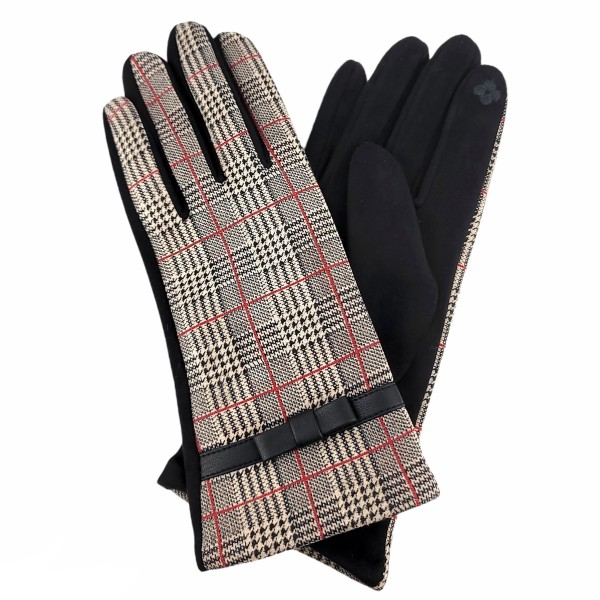 Plaid Smart Touch Gloves Featuring a Faux Leather Bow.

- Touchscreen Compatible
- One Size Fits Most
- 100% Polyester