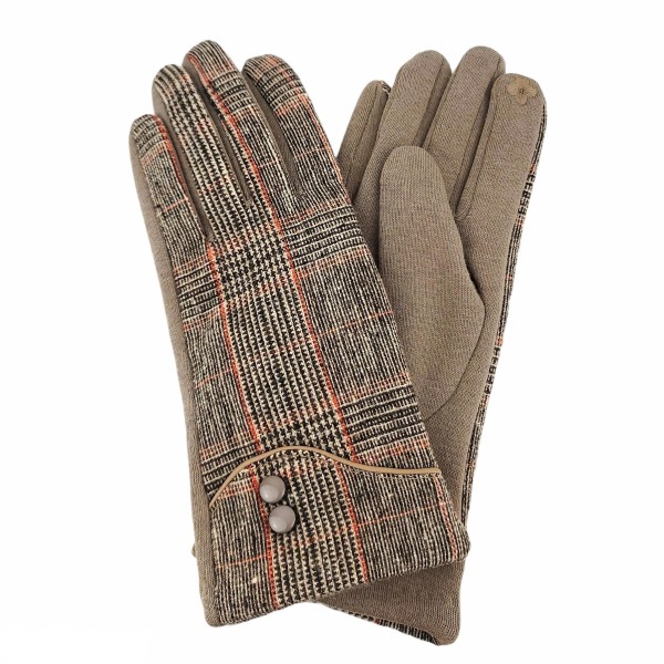Plaid Knit Smart Touch Gloves Featuring Button Accents.

- Touchscreen Compatible
- One Size Fits Most
- 100% Polyester