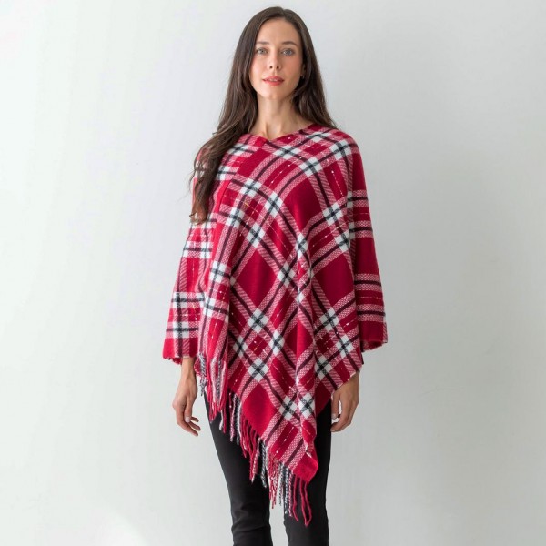 Women's Plaid Knit Poncho Featuring Multicolor Accents and Tassel Edges.

- One Size Fits Most (Sizes 0-14)
- Approximately 40" in Length
- 100% Polyester