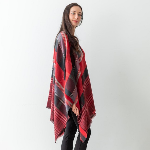 Women's Plaid Knit Ruana Wrap Featuring Fringe Edges.

- One Size Fits Most ( Sizes 0-14)
- Approximately 32" in Length
- 100% Polyester