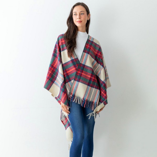 Women's Plaid Fleece Ruana Wrap Featuring Tassel Edges.

- One Size Fits Most ( Sizes 0-14)
- Approximately 32" in Length
- 100% Polyester
