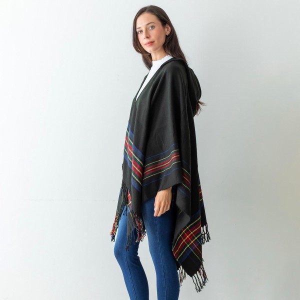 Women's Hooded Woven Knit Ruana Wrap Featuring Plaid Accents and Tassel Edges.

- One Size Fits Most ( Sizes 0-14)
- Approximately 32" in Length
- 100% Acrylic