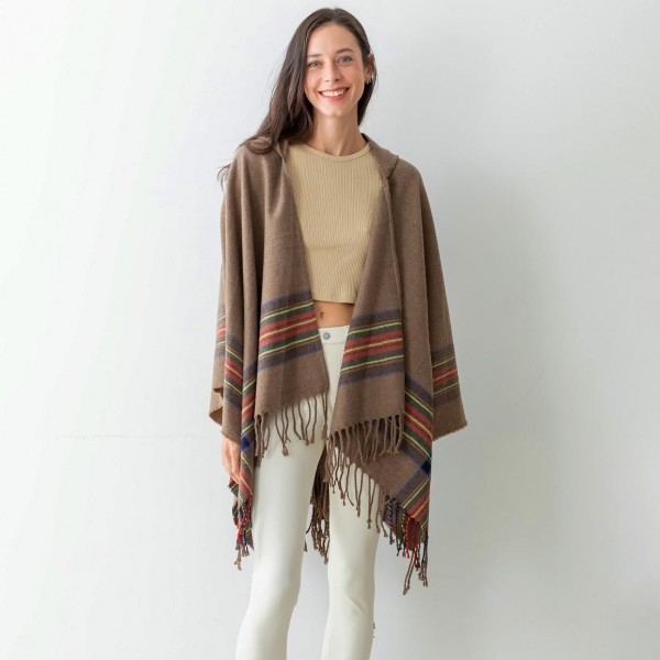 Women's Hooded Woven Knit Ruana Wrap Featuring Plaid Accents and Tassel Edges.

- One Size Fits Most ( Sizes 0-14)
- Approximately 32" in Length
- 100% Acrylic
