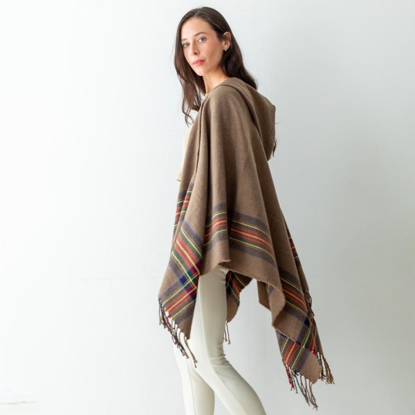 Women's Hooded Woven Knit Ruana Wrap Featuring Plaid Accents and Tassel Edges.

- One Size Fits Most ( Sizes 0-14)
- Approximately 32" in Length
- 100% Acrylic