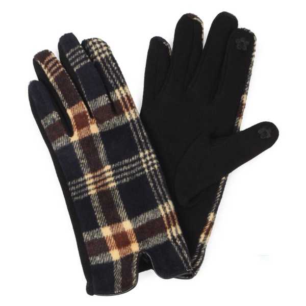 Women's plaid gloves featuring leather trim detail at cuff.
-Touchscreen compatible
-One size fits most
-100% Polyester