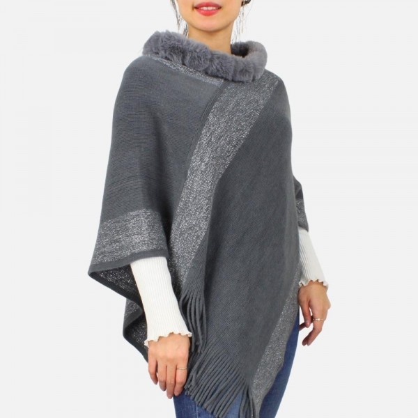 Wholesale soft knit poncho sweater Faux Fur collar metallic threading One fits m