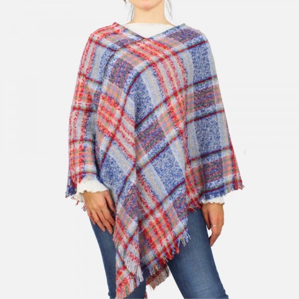 Plaid poncho featuring frayed edges
-One size fits most 0-14
-100% Polyester