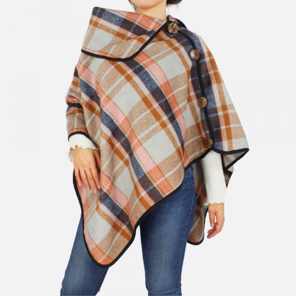 Plaid poncho featuring cowl neck and button details
-Can be worn two ways
-One size fits most 0-14
-100% Polyester