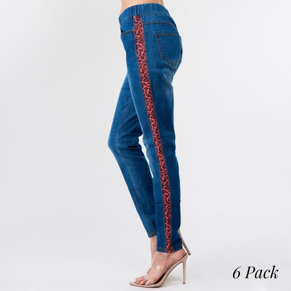 Stretchy denim coral leopard print side stripe jeggings featuring pull on style with front and back pockets.

- Pack Breakdown: 6pcs / pack
- Sizes: 2S / 2M / 2L
- Inseam approximately 28" in length
- 76% Cotton, 22% Polyester, 2% Spandex