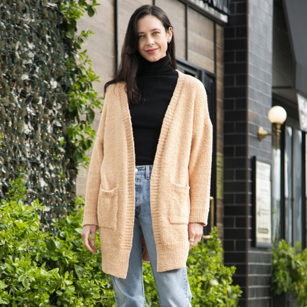 Comfy Luxe Solid Sherpa Cardigan Featuring Pockets 

- One size fits most 0-14
-  100% Polyester 