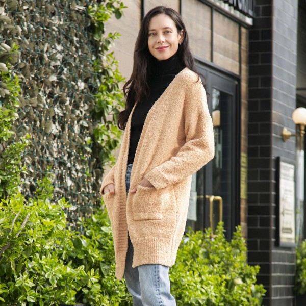 Comfy Luxe Solid Sherpa Cardigan Featuring Pockets 

- One size fits most 0-14
-  100% Polyester 