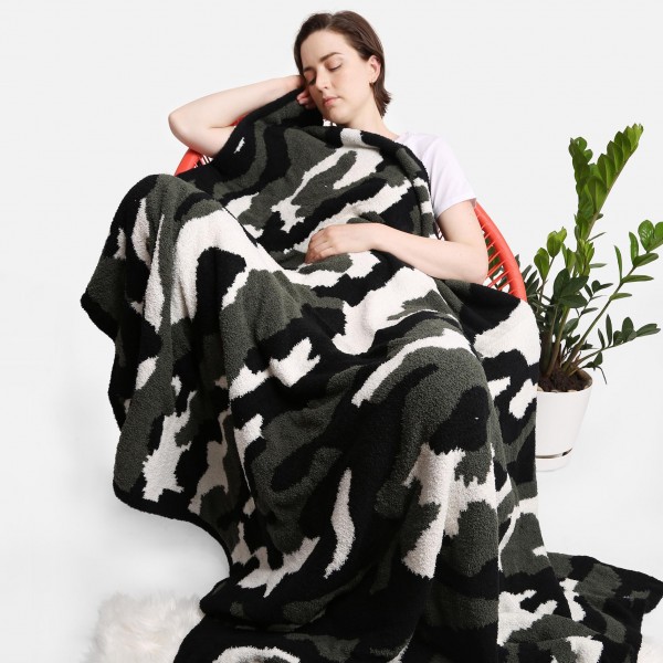 Super Soft Jacquard Camouflage Comfy Luxe Knit Blanket. The Softest Throw Blanket Made of the Highest Quality Material. So Soft You Have to Feel Them for Yourself. This Luxurious Throw is a Guaranteed Best Seller this Season! 

- Approximately 50" W x 60" L
-100% Polyester 
- Extra Plush and Cozy