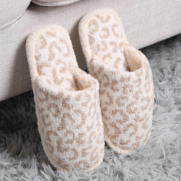 ComfyLuxe Leopard Print Slide On Slippers

- US Women's Size: S/M (6-8) M/L (8-10)
- 100% Polyester
- Rubber Sole