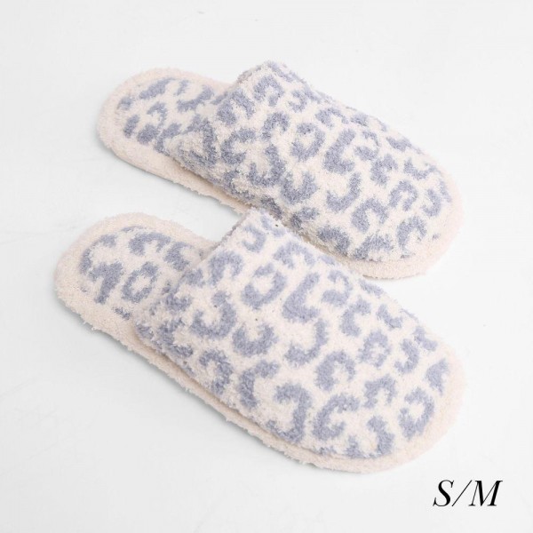 ComfyLuxe Leopard Print Slide On Slippers

- US Women's Size: S/M (6-8) M/L (8-10)
- 100% Polyester
- Rubber Sole