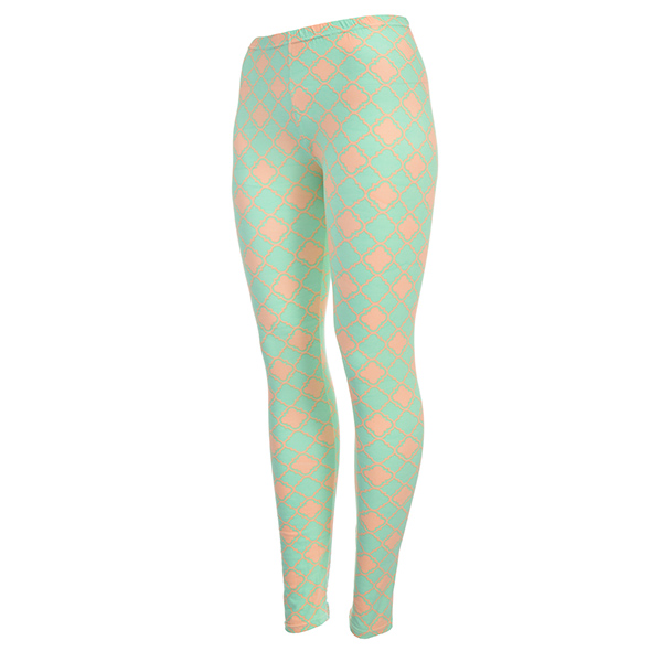 Wholesale peach skin pale pink mint green quatrefoil printed leggings Polyester