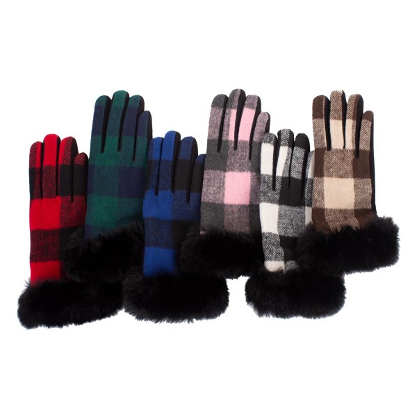 Plaid Gloves Featuring Faux Fur Trim.

- Touch Screen Compatible
- One Size Fits Most
- 100% Polyester