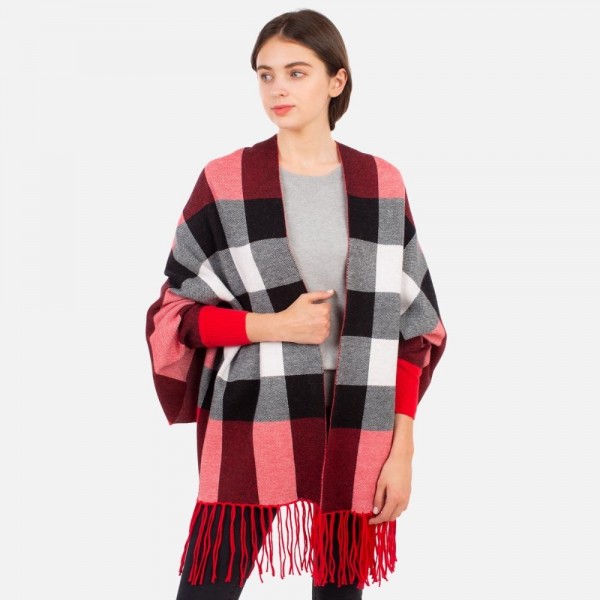 Plaid Sleeved Ruana with Fringe Tassels

-One size fits most 0-14
-100% Acrylic