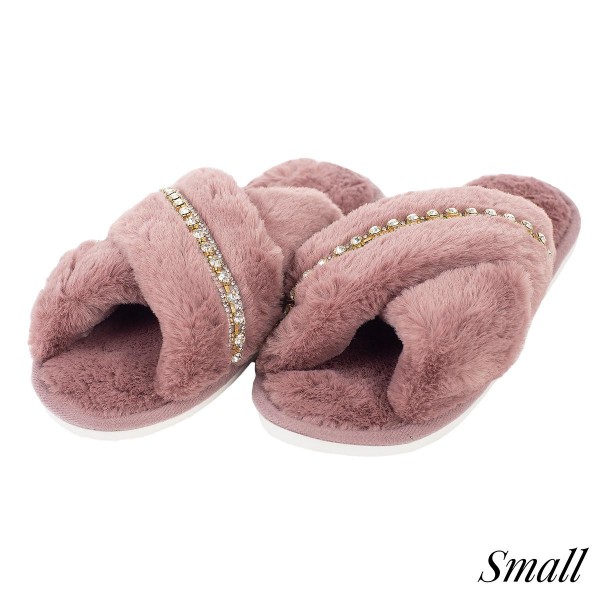 Wholesale faux fur criss cross slippers rhinestone accents Women s US Rubber sol