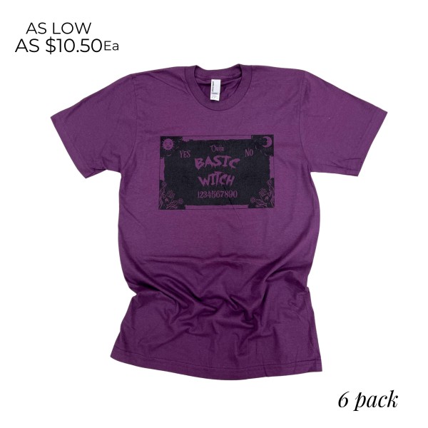 Basic Witch Graphic Tee.

- Printed on an American Apparel Brand Tee
- Color: Purple
- 6 Shirts Per Pack
- Sizes: 1:S 2:M 2:L 1:XL
- 100% Cotton