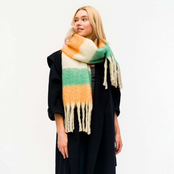 Knit Scarf Featuring Stripe Accents and Tassel Edges.

- Approximately 16" W x 82" L
- One Size Fits Most
- 100% Polyester