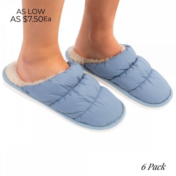 Puffer Slippers with Fuzzy Insoles 
 
- 6 Pairs Per Pack
- Rubber Sole
- Assorted Sizes: 2S/ 2M / 2L