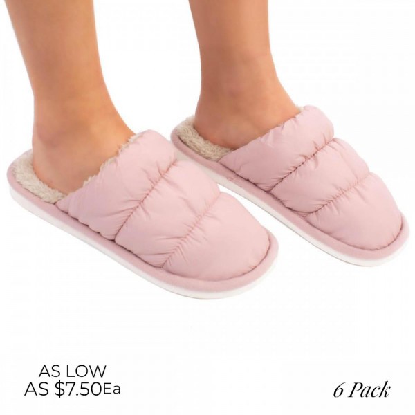 Puffer Slippers with Fuzzy Insoles 
 
- 6 Pairs Per Pack
- Rubber Sole
- Assorted Sizes: 2S/ 2M / 2L