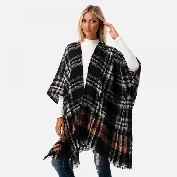Soft Fuzzy Plaid Pattern Knit Ruana With Frayed Hem

- One Size Fits Most 0-14
- 100% Polyester