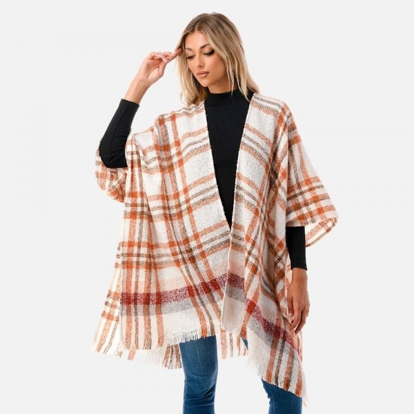 Soft Fuzzy Plaid Pattern Knit Ruana With Frayed Hem

- One Size Fits Most 0-14
- 100% Polyester