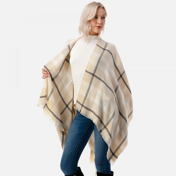 Soft Knit Plaid Pattern Ruana Wrap Featuring Frayed Hem

- One Size Fits Most
- 60% Acrylic / 40% Polyester