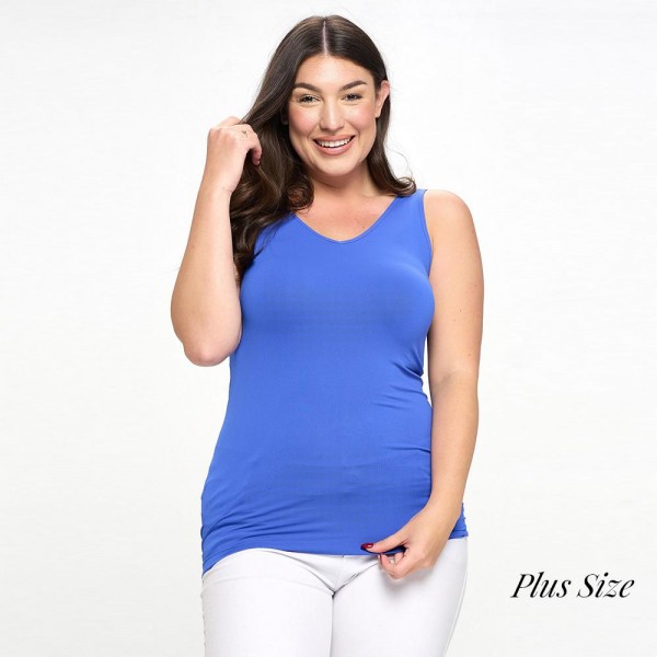 Women's Plus Size Seamless Reversible V-Neck Tank Top

- Wide shoulder straps
- V-neckline
- Back scoop neck
- Fitted silhouette
- Seamless design
- Buttery soft fabrication with stretch
- Longline hem


- One Size Fits Most 16-22
- 92% Nylon, 8% Spandex