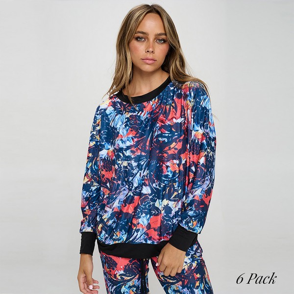  Women’s Floral Illusion Loungewear Top

- Wide neck
- Long sleeve
- All over print
- Loose-fitting
- Comfy and soft
- Easy care fabric

- Pack Breakdown: 6pcs/pack
- Sizes: 2S / 2M / 2L