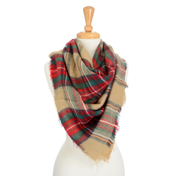 Wholesale heavyweight tan red blue green tartan plaid blanket scarf Acrylic