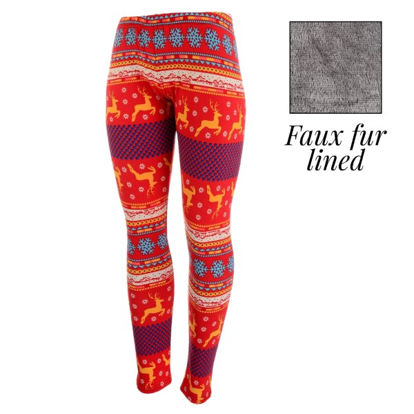 Red peach skin leggings with orange reindeer and faux fur lining. Polyester and spandex blend. One size fits most.