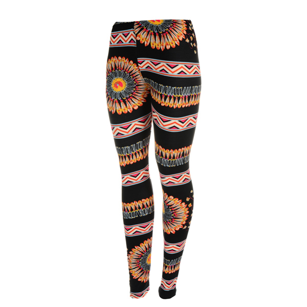 Peach skin black tribal themed leggings. Polyester and spandex blend. One size fits most.