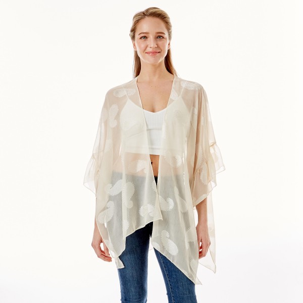 Wholesale lightweight Sheer Paisley Print Kimono Vest Ruffle Sleeves One Fits Mo