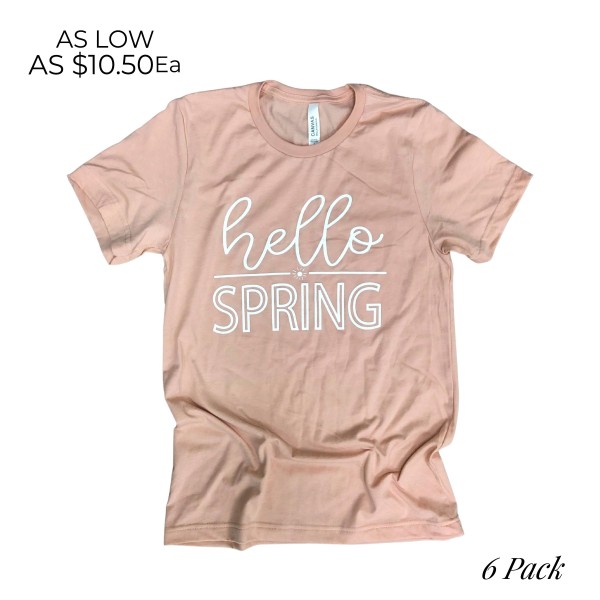 Hello Spring Graphic Tee (6 Pack)

- Printed on Bella Canvas Brand Tee
- 6 Shirts Per Pack
- 1-S / 2-M / 2-L / 1-XL
- 52% Cotton / 48% Polyester