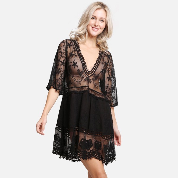 Women's Sheer Lace Dress Featuring Floral Design - One Size... (7313566)