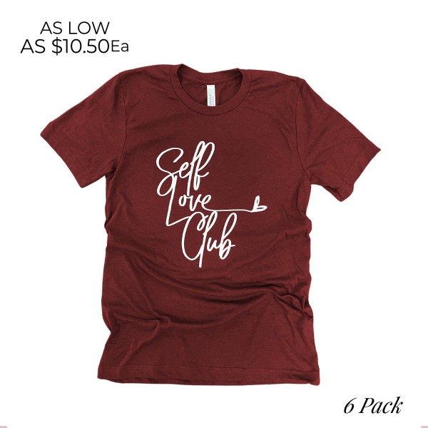 Self Love Club Graphic Tee

- Printed on Bella Canvas Brand Tee
- 6 Shirts Per Pack
- 1-S / 2-M / 2-L / 1-XL
- 52% Cotton / 48% Polyester