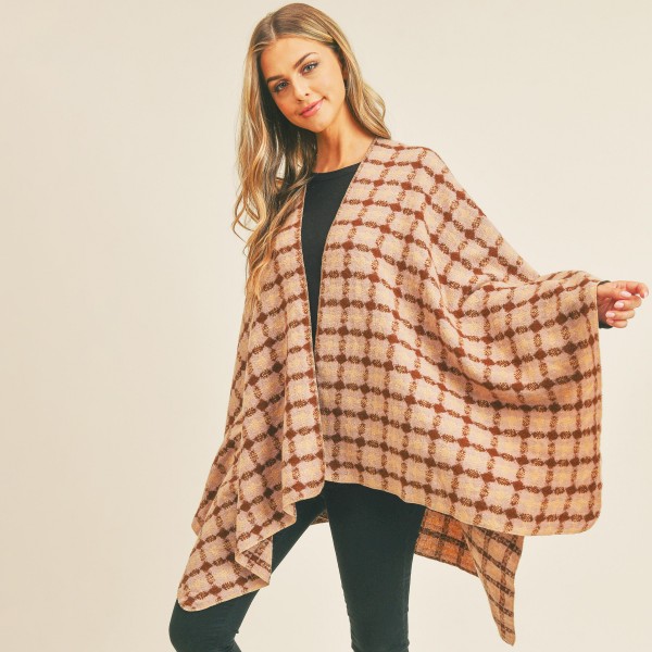 Wholesale soft Knit Plaid Ruana Wrap One Fits Most Long Polyester