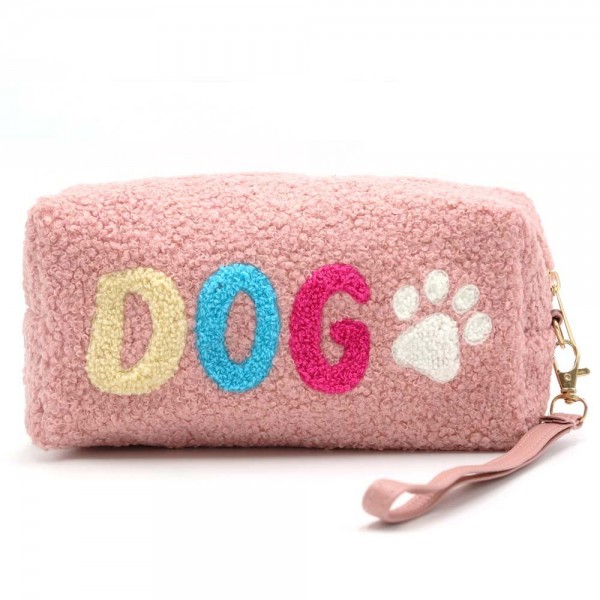 Sherpa Pouch With Multi Colored 'Dog' Embroidery and Wristlet Strap

- Detachable Wristlet Strap
- Full Zip Closure 
- One Internal Pocket
- Approximately 7.5" L x 2.75" D x 3.75"H
- 100% Polyester