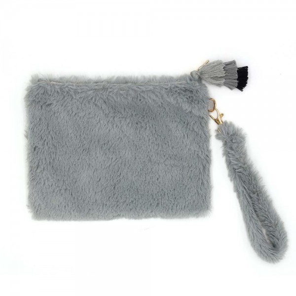 Wholesale faux Fur Wristlet Pouch Handbag Tassel Zipper Pull Full Zip Closure On