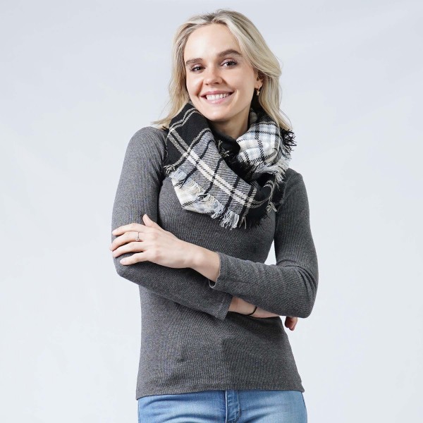Wholesale plaid Infinity Scarf Frayed Edge W L Polyester