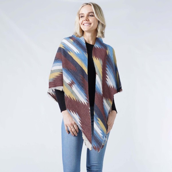 Western Jacquard Blanket Wrap Scarf With Frayed Edges

- 100% Acrylic 
- Approximately 52.5" W x 55" L